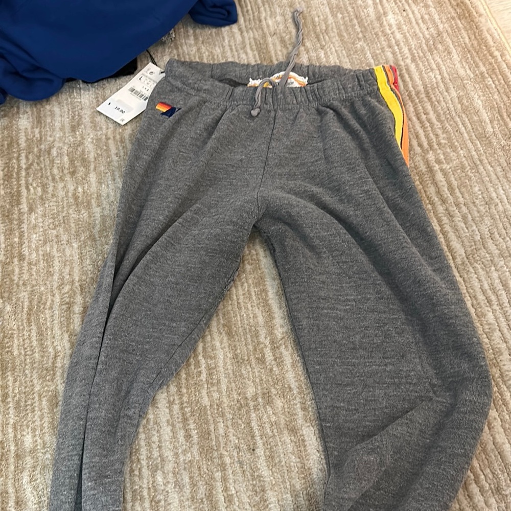 Aviator Nation sweatpants rainbow colored on the side